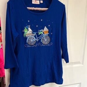Quaker factory blue winter sparkle bicycle 3/4 sleeve top